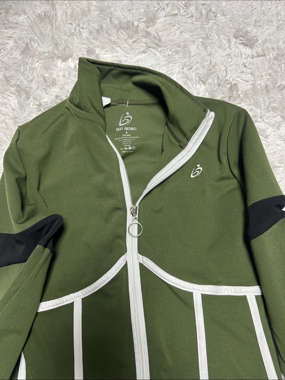 Olive Green Zip-Front Bomber Jacket with White Trim